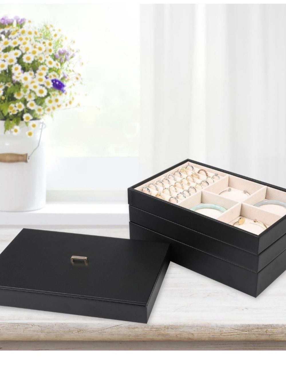 Voova Stackable Jewelry Organizer Tray with Lid (Set of 4, Black)